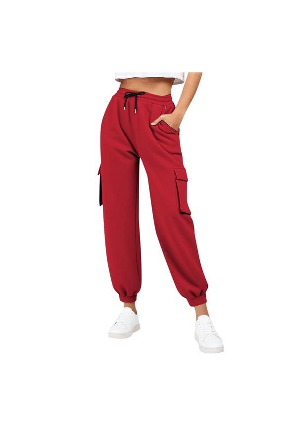 Womens Cargo Jogger Pants Drawstring Elastic Waist Solid Color Cinch Bottom Sweatpants Athletic Running