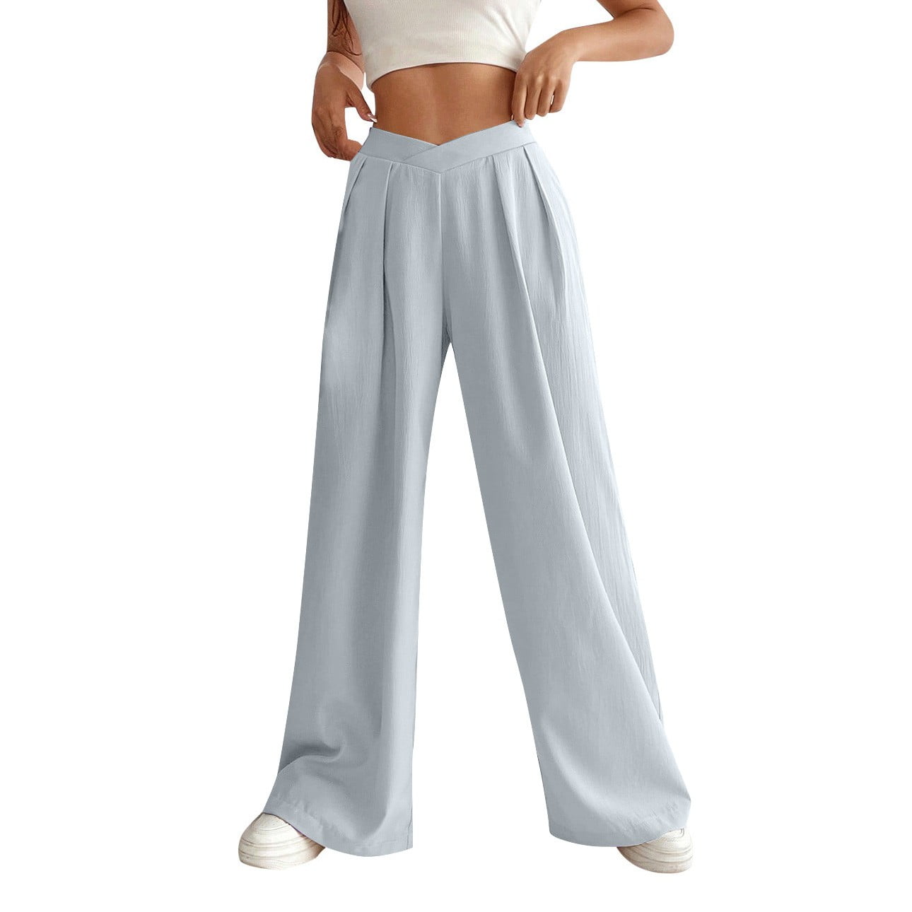 Posijego Womens Casual Palazzo Pants Crossover High Waist Flowy Wide