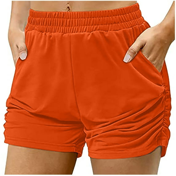 Posijego Womens Casual Sweat Shorts Elastic Waist Solid Color Pleated Side Athletic Running Shorts Plus Size
