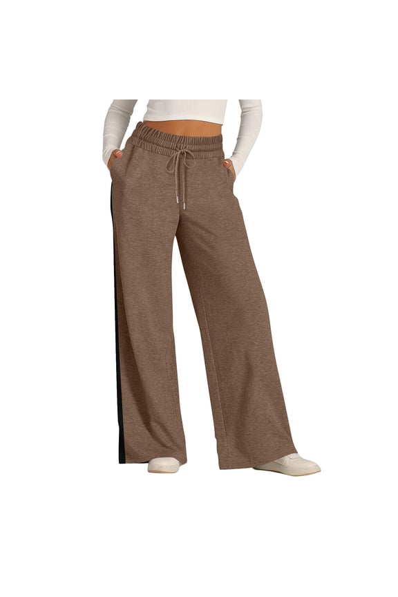 Womens Casual Sweatpants Striped Side High Waist Drawstring Wide Leg Sweat Pants with Pockets