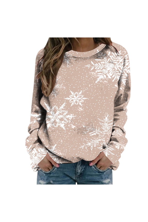 Womens Christmas Sweatshirt Snowflake Print Long Sleeve Crew Neck Pullover Casual Plus Size Loose Top