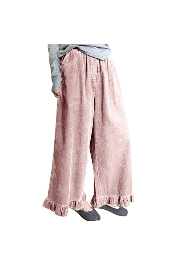 Womens Corduroy Wide Leg Pants Ruffle Cuffed High Waist Stretch Drawstring Vintage Trousers