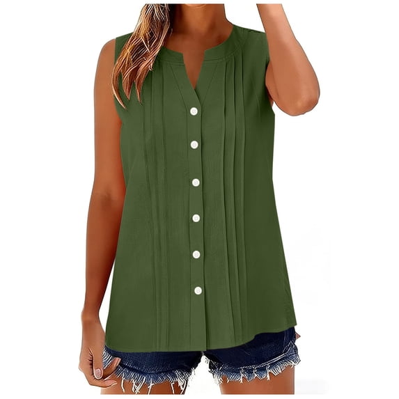 Posijego Womens Cotton Linen Tank Tops V Neck Pleated Sleeveless Button down Shirts Summer Casual Blouses for Ladies