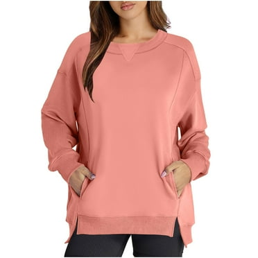 Posijego Womens Crewneck Sweatshirts Pocket Front Long Sleeve Pullover Tops Side Split Sweatshirt for Women