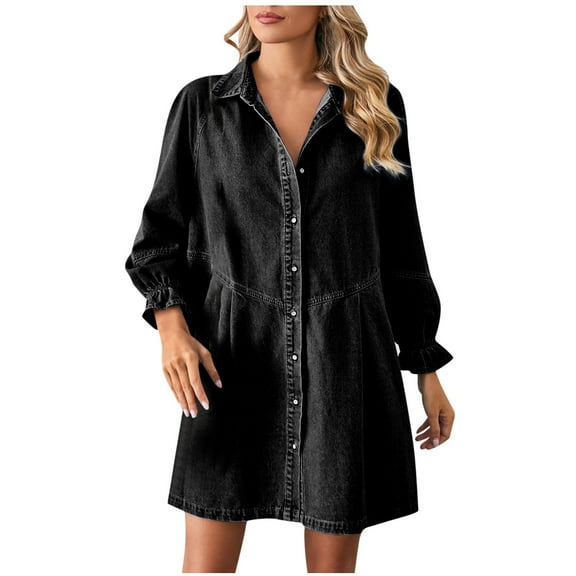 Posijego Womens Denim Mini Dress Casual 3/4 Sleeve Collared Pleated A-Line Button Down Jean Short Dresses
