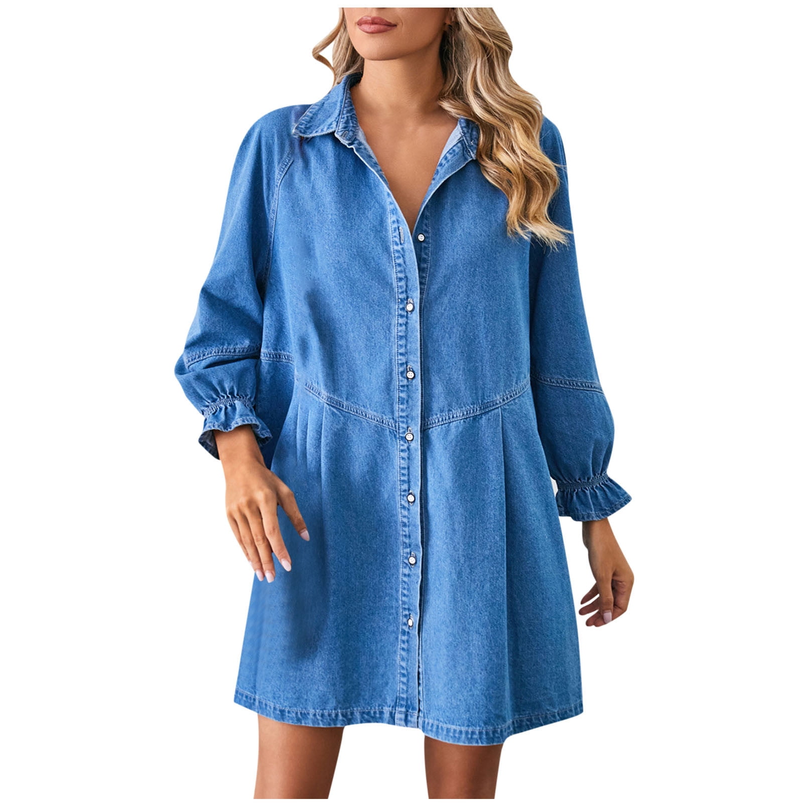 Posijego Womens Denim Mini Dress Casual 3/4 Sleeve Collared Pleated A-Line  Button Down Jean Short Dresses - Walmart.com