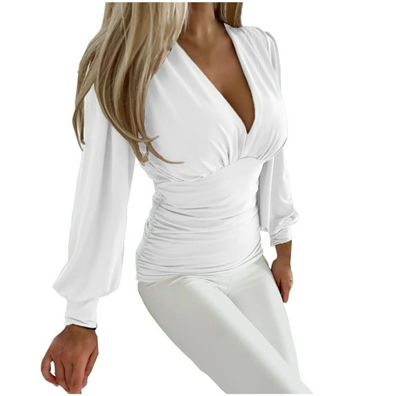 Posijego Womens Dressy Blouse Deep V Neck Long Sleeve Ruched Tops Business Casual Office Shirts for Women