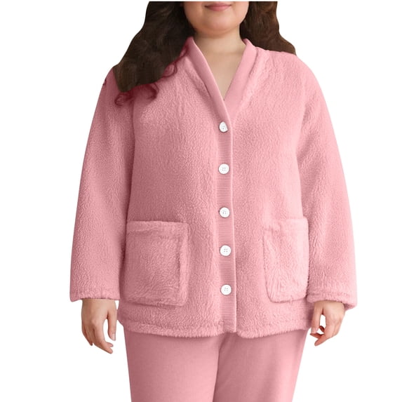 Posijego Womens Fleece Pajama Tops Fuzzy Sleepwear Button up Long Sleeve Winter Warm Lounge Tops