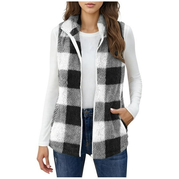 Posijego Womens Fleece Vest Jackets Plaid Fuzzy Lapel Zipper Sleeveless Warm Winter Vests Outerwear for Women