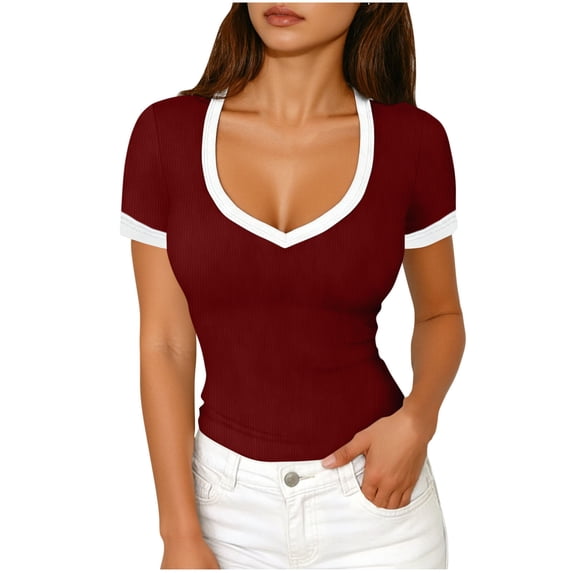 Posijego Womens Going out T Shirts Short Sleeve V Neck Ribbed Knit Tops Slim Basic Tees Summer Causal Shirts