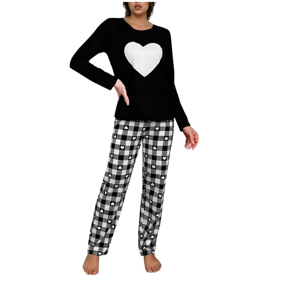 Posijego Womens Heart Pajama Sets Valentine's Day Long Sleeve Tops Elastic Waist Pants Sleepwear Loungewear