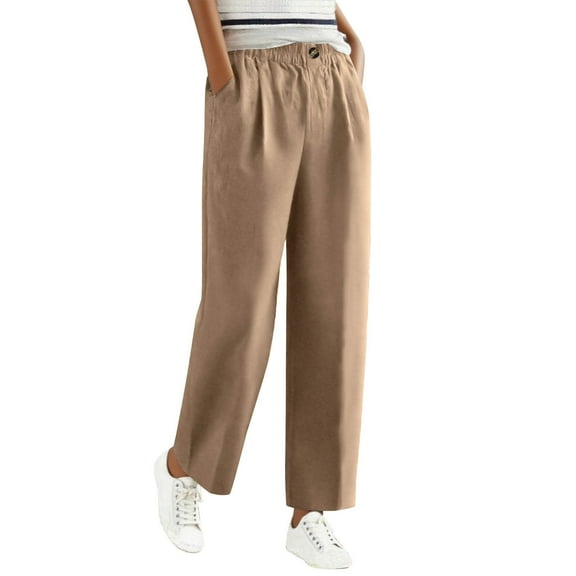 Posijego Womens Linen Pants Pull on Elastic Waist Straight Leg Lounge Pants Lightweight Pants Solid Color