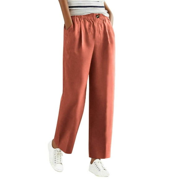 Posijego Womens Linen Pants Pull on Elastic Waist Straight Leg Lounge Pants Lightweight Pants Solid Color