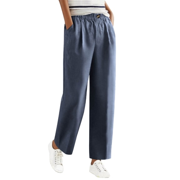 Posijego Womens Linen Pants Pull on Elastic Waist Straight Leg Lounge Pants Lightweight Pants Solid Color