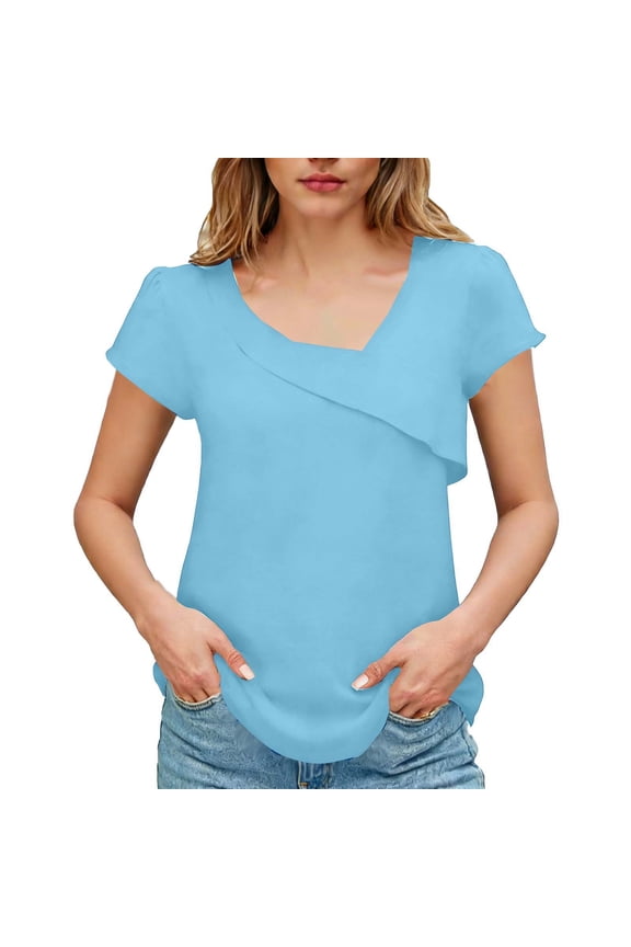 Womens Linen Tops Short Sleeve Casual Dressy Blouses Asymmetric V Neck Cute Loose Tunic Shirts for Ladies