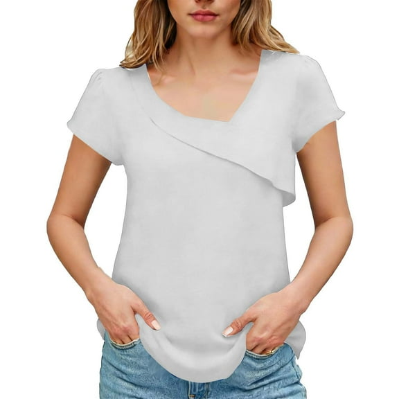 Posijego Womens Linen Tops Short Sleeve Casual Dressy Blouses Asymmetric V Neck Cute Loose Tunic Shirts for Ladies