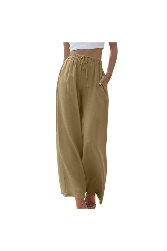 Womens Linen Wide Leg Pants Flowy Casual Palazzo Pants Summer Boho Beach Trousers with Pockets