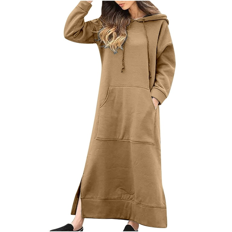Posijego Womens Long Hoodie Solid Color Maxi Dresses Plus Size Loose Long Sleeve Sweatshirt Dress with Pockets Walmart