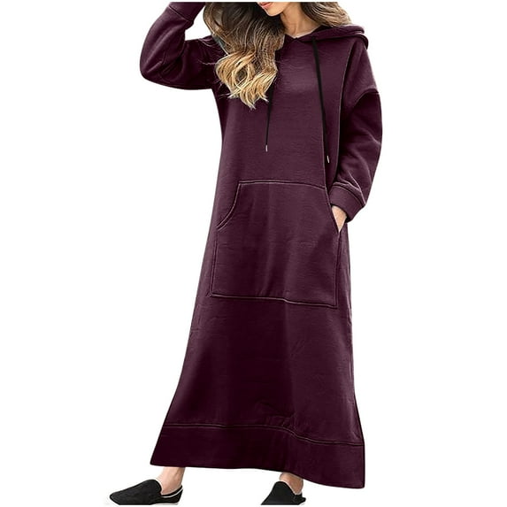 Posijego Womens Long Hoodie Solid Color Maxi Dresses Plus Size Loose Long Sleeve Sweatshirt Dress with Pockets