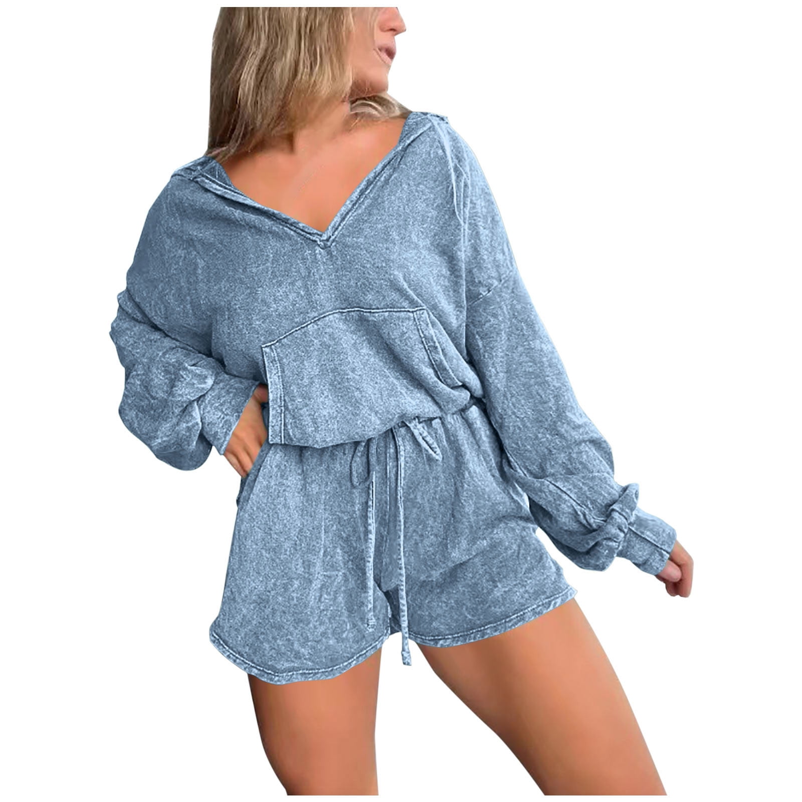 Posijego Womens Long Sleeve Rompers Casual V Neck Hoodie Shorts
