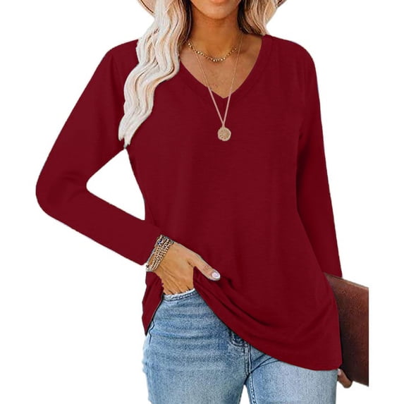 Posijego Womens Long Sleeve Shirts Plus Size Tops Summer V Neck Casual Plain Basic T-Shirts Soft Loose Tunic Tops for Women