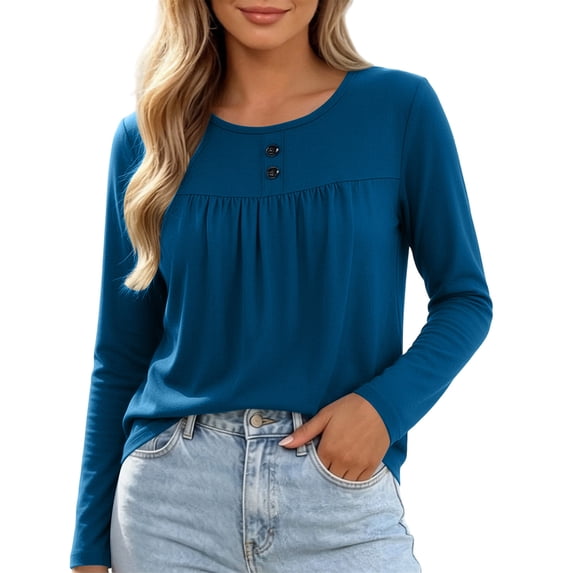 Posijego Womens Long Sleeve T Shirts Pleated Crew Neck Casual Solid Color Base Layer Tee Shirt Going out Tops
