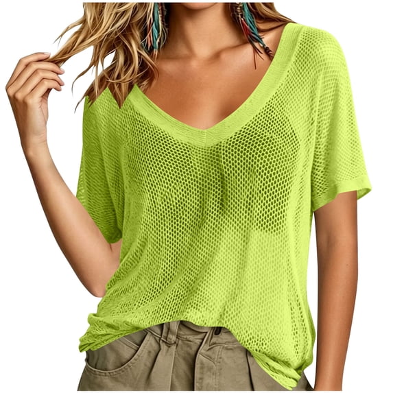 Posijego Womens Mesh Short Sleeve Tops V Neck Summer Casual Tunic Shirts Hollow out Beach Swimsuit Cover-Up Tops for Women