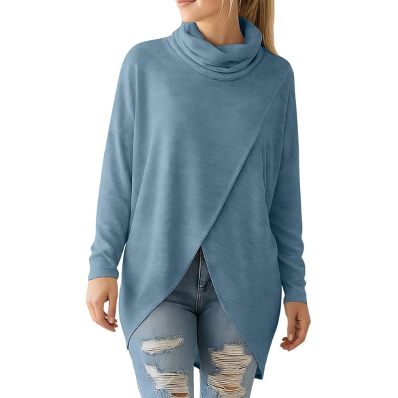 Posijego Womens Mock Turtleneck Casual T-Shirts Spring Fall Long Sleeve Shirts Irregular Open Hem Blouses