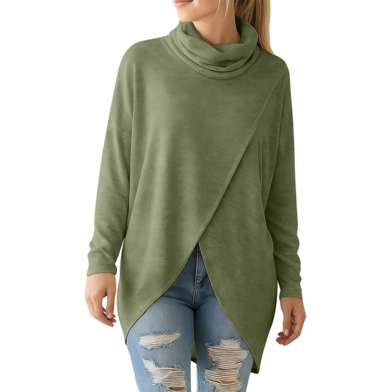 Posijego Womens Mock Turtleneck Casual T-Shirts Spring Fall Long Sleeve Shirts Irregular Open Hem Blouses