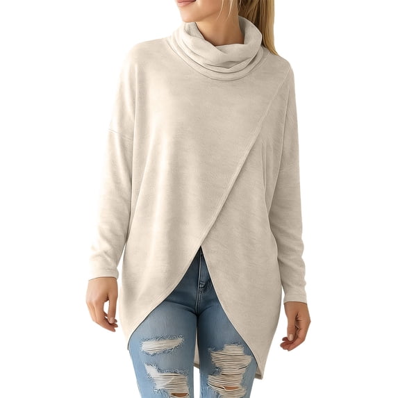 Posijego Womens Mock Turtleneck Casual T-Shirts Spring Fall Long Sleeve Shirts Irregular Open Hem Blouses