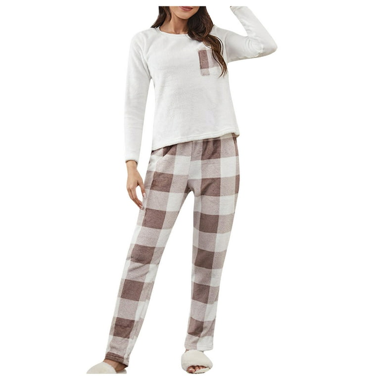 Posijego Womens Pajama Set 2 Piece Outfit Fuzzy Long Sleeve Pullover Top  Plaid Print Pants Pjs Set Loungewear 