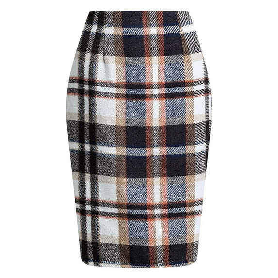 Posijego Womens Pencil Skirts Casual High Waist Bodycon Plaid Midi Skirts Elegant Knee Length Skirts