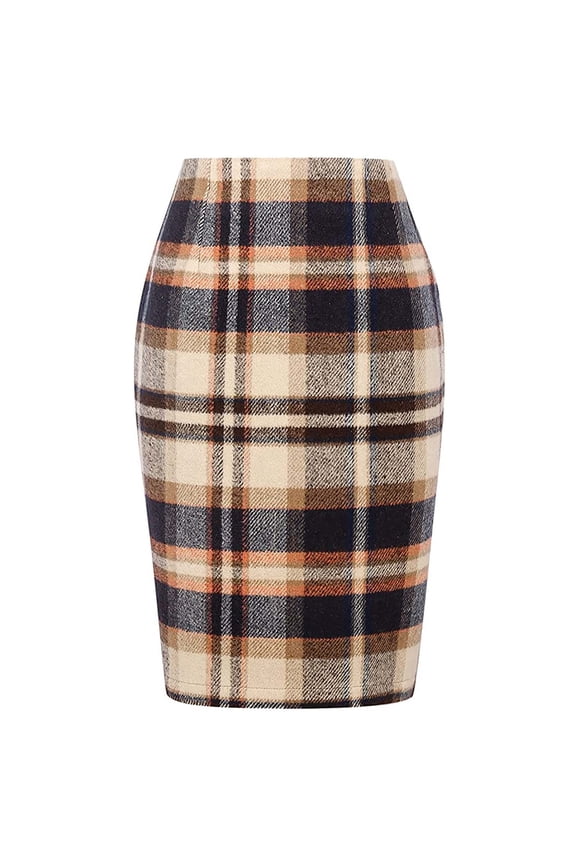 Womens Pencil Skirts Casual High Waist Bodycon Plaid Midi Skirts Elegant Knee Length Skirts