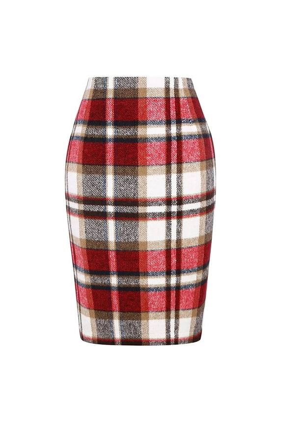Womens Pencil Skirts Casual High Waist Bodycon Plaid Midi Skirts Elegant Knee Length Skirts