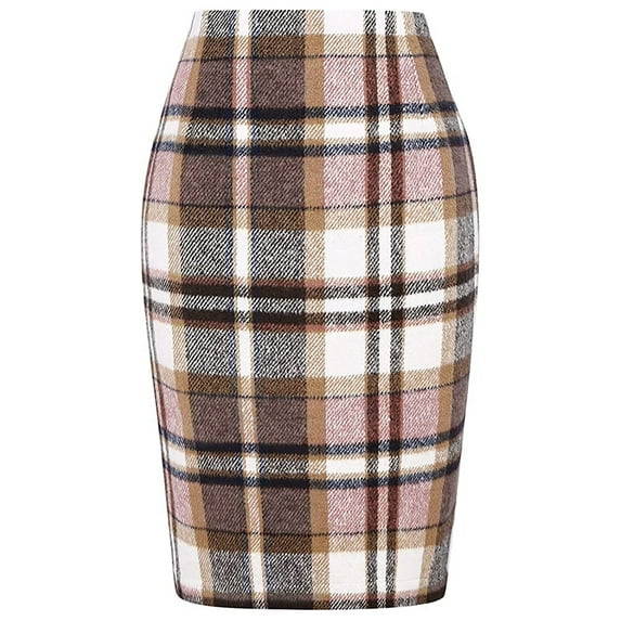 Posijego Womens Pencil Skirts Casual High Waist Bodycon Plaid Midi Skirts Elegant Knee Length Skirts