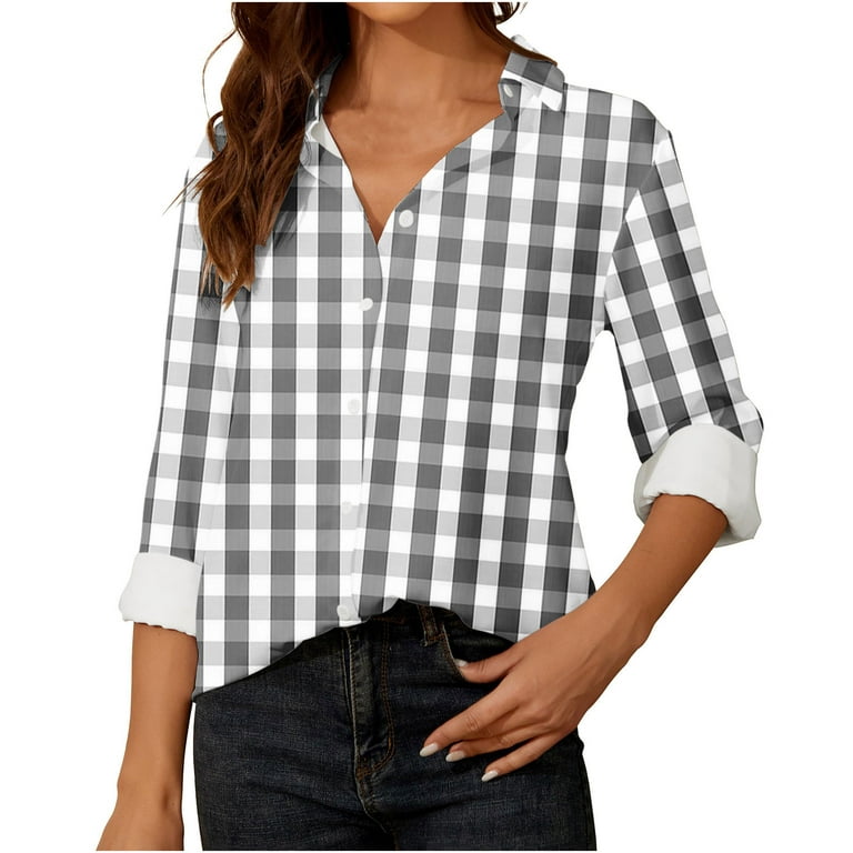 Posijego Womens Plaid Button Down Shirts Collared Long Sleeve Dress Shirt  Blouses Office Work Tops for Women