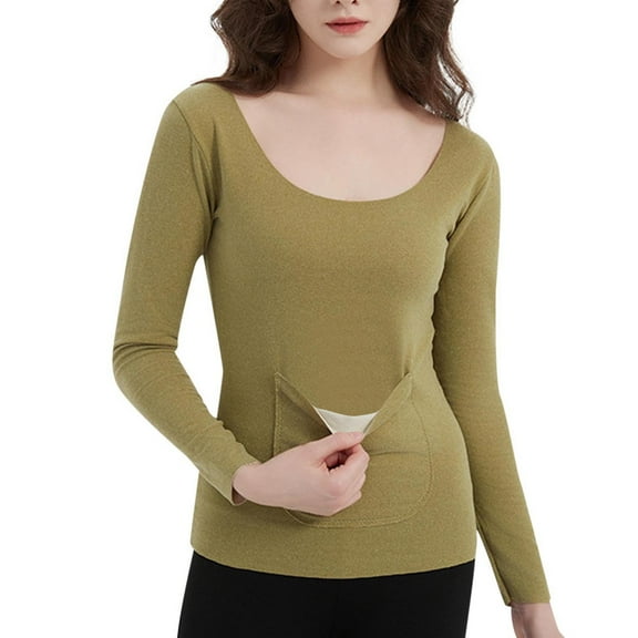 Posijego Womens Plain Basic Tee Shirts Long Sleeve Tops Pocket Front Classic T-Shirts Fall Winter Clothes