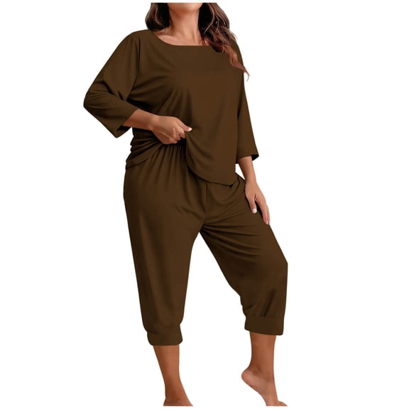 Posijego Womens Plus Size Pajama Sets 3/4 Sleeve Tops Pj Capri Pants Sleepwear Ladies Summer Loungewear Outfits