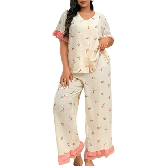 Posijego Womens Plus Size Pajama Sets Floral Printed Short Sleeve Button down Shirts Lounge Pants Loungewear Set for Women