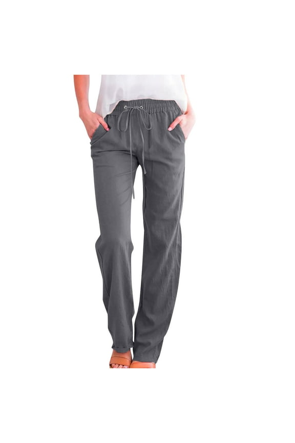 Womens Plus Size Pants High Waist Work Straight Leg Pants Cotton Linen Lounge Pants with Pockets