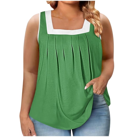 Posijego Womens Plus Size Tank Tops Loose Square Neck Pleated Front Sleeveless Top Summer Casual Shirts