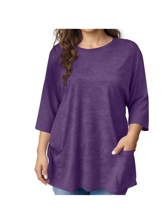 Womens Plus Size Tops 3/4 Length Sleeve Tunic Shirts with Pockets Spring Casual Loose Dressy Blouses for Women
