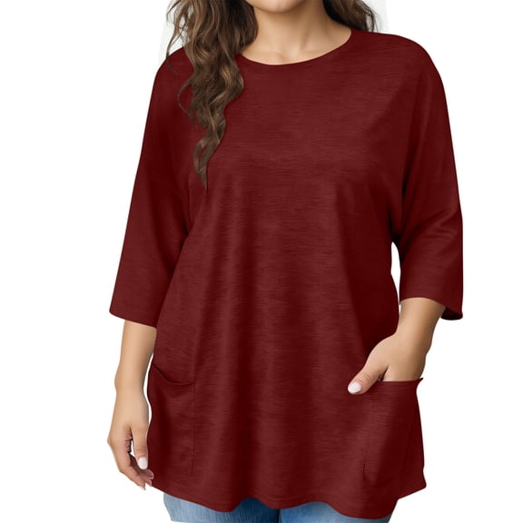 Posijego Womens Plus Size Tops 3/4 Length Sleeve Tunic Shirts with Pockets Spring Casual Loose Dressy Blouses for Women