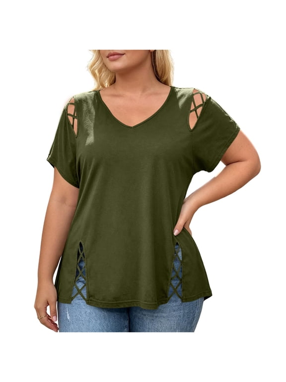 Womens Plus Size Tops Cold Shoulder Short Sleeve V Neck Casual Tunic Tops Soft Stretch Dressy Summer Blouses
