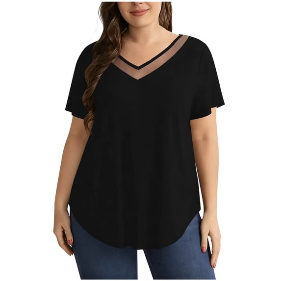 Posijego Womens Plus Size Tops V Neck Short Sleeve Summer Casual Dressy Blouses Solid Color Comfort Tunic Tops for Women