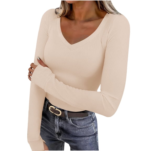 Posijego Womens Ribbed Long Sleeve Shirts V Neck Spring Going out Tops Tight Basic Tee Shirts with Thumbholes