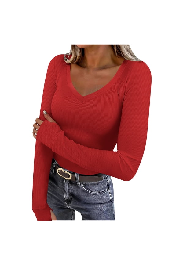 Womens Ribbed Long Sleeve Shirts V Neck Spring Going out Tops Tight Basic Tee Shirts with Thumbholes