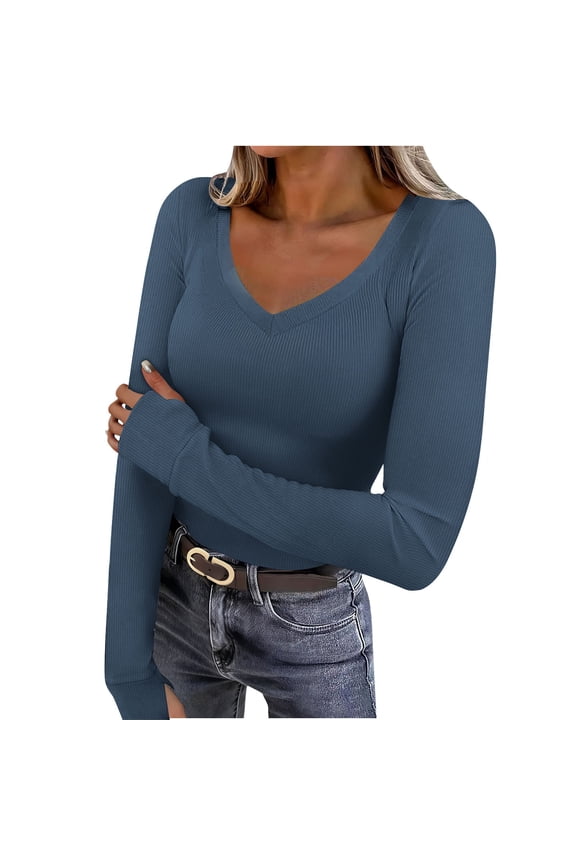 Womens Ribbed Long Sleeve Shirts V Neck Spring Going out Tops Tight Basic Tee Shirts with Thumbholes