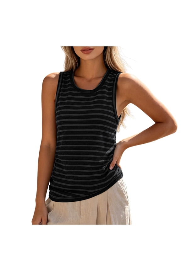 Womens Ribbed Tank Tops Striped Color Block Sleeveless Tank Shirts Summer Casual Loose Basic Undershirts for Ladies