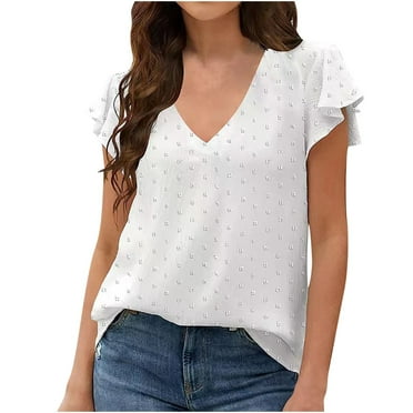 Sieanear Women’s Short Sleeve Floral Top – V-Neck Ruffle Blouse, Casual Summer T-Shirt, Size Medium